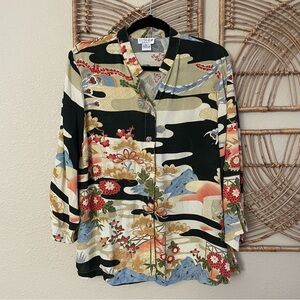 Citron Santa Monica Silk Blouse Top Tunic Asian  Art Bird Floral Sz M B24